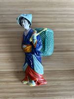 Side view of vintage mid century Japanese wall vase showing woman figure and basket.