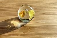 Top view of the clear glass sphere showing the yellow butterfly inside and a round bubble near the center.