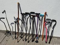 Photo showing all 17 walking sticks and canes in a row outdoors against white wall.