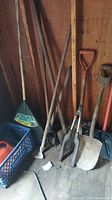 Shows various long-handled lawn and garden tools including rakes, shovels, cutters, and an edger leaning against a wooden wall inside a shed.