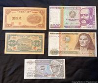 Five banknotes laid out showing front face of Chinese (2), Peruvian (2), and Zaire notes