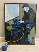 Front view of the original acrylic painting depicting an older man near equipment, framed and approximately 30 by 24 inches with a blue coffee mug included for scale.