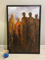 Front view of the original abstract oil painting showing five elongated human figures with dripping paint effect in orange, brown, and black hues.