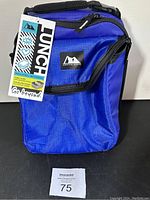 Front view of blue insulated lunch bag with Arctic Zone label and attached product tag