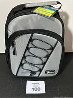 Front view of grey Gear Tech insulated lunch bag showing main area, front zippered pocket and elastic cord.