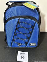 Front view of blue Gear Tech insulated lunch bag with front zippered pocket and elastic bungee cord detail.