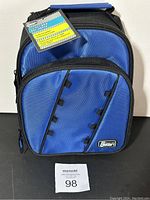 Front view of blue Gear Tech insulated lunch bag with zipped front pocket and handle
