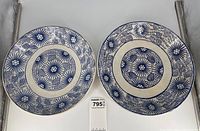 Two blue and white deep plates side by side front view showing border pattern