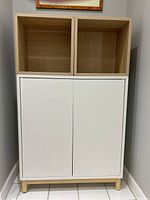 Front view of closed cabinet showing birch cubes and white doors