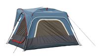 Front and side view of the main Coleman 3-person tent in blue and grey with red trim, showing structure and fabric.
