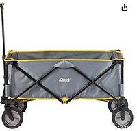 Fully assembled open wagon from side showing gray polyester bin with yellow trim on black steel frame and four wheels