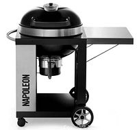 Front view of closed kettle lid on cart with stainless steel side shelf and Napoleon logo panel