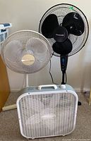 Three fans grouped together showing white box fan in front, black Honeywell fan and beige fan behind