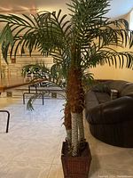 Full view of artificial palm tree showing three trunks, green fronds and woven basket on tiled floor