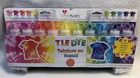 Front view of CreateBasics Tie Dye Kit showing 10 colorful dye bottles arranged in a rainbow spectrum inside clear packaging.