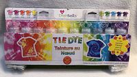 Front view of the tie dye kit packaging showing the 10 no-mess squeeze bottles in various colors including pink, red, orange, yellow, green, turquoise, blue, purple, violet, and lime. The packaging is colorful with tie dye t-shirt examples.