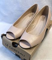 Pair of nude pink women's peep toe shoes by Le Chateau size 9 on top of branded Le Chateau shoebox, left angle view showing side and front of shoes.