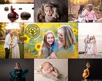 Collage of sample portraits showing newborn, maternity, family and mother-daughter sessions in studio and outdoor settings