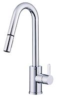 Front angle view of chrome finish pull-down kitchen faucet showing gooseneck spout and lever handle