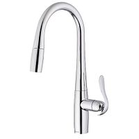 Photo of a chrome finish single handle pull-down kitchen faucet with high-arc spout and ergonomic lever handle.