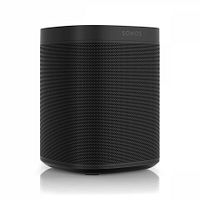 Front view of a black Sonos One smart speaker showing cylindrical design and metal grille