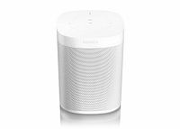 Front view of white Sonos One speaker showing grille, logo, and top controls