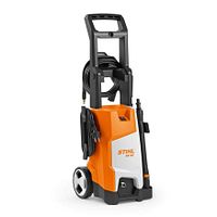 Front view of the Stihl RE 80 electric pressure washer showing body, wheels, handle and hose reel