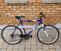 Photo of the full blue and white Schwinn Octane adult bicycle against a brick wall showing the entire bike profile and details of frame, tires, and seat.