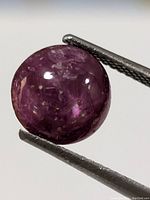 Close-up view of a round polished star ruby gemstone held by tweezers showing purple-red color and internal textures.