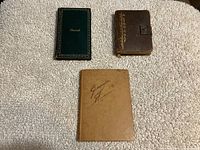 Photo showing three vintage books—green travelogue, brown leather diary with clasp, and tan handwritten journal—laid out on a textured white surface.