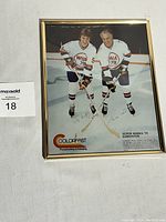 Framed photographic print featuring Wayne Gretzky and Gordie Howe in WHA 79 jerseys, set on ice rink background with crossed hockey sticks, signed and marked with Super Series '79 Edmonton text and Colorfast Photography logo.