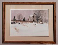 Full view of the framed Alan Kingsland lithograph 'Snow Tracks', showing the winter farmhouse scene in snow.