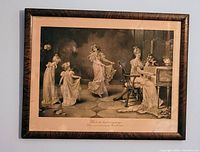 Full view of the framed antique engraving showing the entire scene and frame.