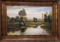 Full front view of framed painting showing entire landscape scene