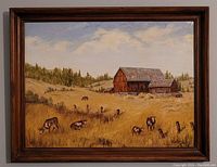 Framed oil painting of rural landscape with barns and cows grazing in the field under a partly cloudy sky.