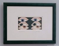 Framed watercolour artwork showing the entire piece with dark frame and white matting, containing six stylized eyes and signature visible.