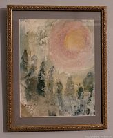 Full view of framed watercolor painting showing abstract natural scene and artist signature.