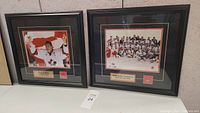 Two black framed gold medal hockey champion collectibles with photos and plaques.