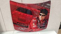 Front view of vintage Dale Earnhardt Jr. Bud Series NASCAR car hood wall hanger featuring graphic images of Dale Jr. and racing car with signature.