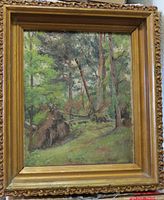 Framed original oil painting showing a forest with trees and green foliage.