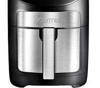 Front view of Gourmia air fryer with stainless steel drawer and handle, displaying the Gourmia logo.