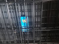 Close up of the blue label on black metal wire crate showing condition details and crate structure.