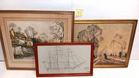 Three framed prints including a scenic house print, a sparse landscape etching, and a detailed ship sail plan, displayed together.