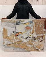 Front view of oversized mixed media abstract painting with neutral and bright accent colors, measured approximately 42x52 inches.