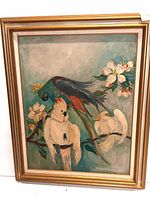 Full view of framed oil on board painting showing three exotic birds and flowers.