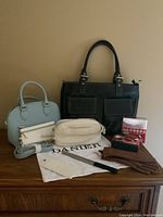 Full view of the lot including all bags, gloves, and accessories arranged on wood surface.