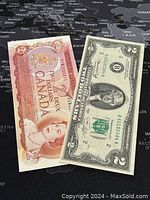 Two banknotes on a map background: a Canadian 2 Dollar note dated 1974 with a portrait of Queen Elizabeth II and a US 2 Dollar Federal Reserve note dated 1976 with a portrait of Thomas Jefferson.