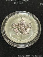 Front side of the coin showing the maple leaf design, purity (.9999), and weight (1 oz Argent Pur).