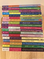 Top-down view of spine titles of 18 Camp Confidential books laid flat, showing colorful spines with title and author.