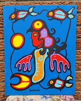 Frontal view of the painting showing full composition against a brick wall backdrop